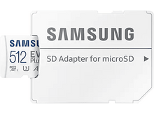 Charger l&#39;image dans la galerie, Carte SD et adaptateur Samsung blancs. La carte SD a 512 Go. L&#39;adaptateur a le logo Samsung.
