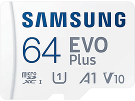 Carte MicroSD Samsung 64 EVO Plus blanche, avec diverses spécifications techniques imprimées.