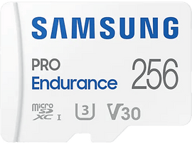 Carte microSD Samsung Pro Endurance 256 blanche. Texte et logo visibles.