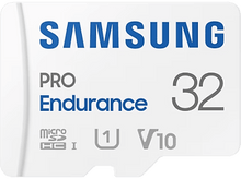 Charger l&#39;image dans la galerie, Une carte SD blanche Samsung Pro Endurance avec le texte : PRO Endurance 32, et les symboles de cartes micro SD.
