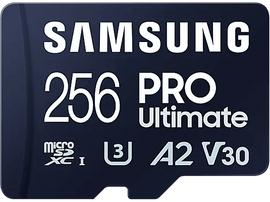 Carte microSD Samsung 256 Go Pro Ultimate noire, avec texte et logos blancs.