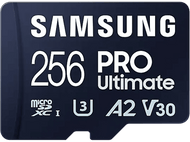 Carte microSD Samsung 256 Go Pro Ultimate noire, avec texte et logos blancs.