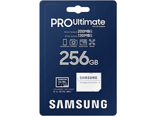 Charger l&#39;image dans la galerie, Emballage de la carte SD Samsung Pro Ultimate, avec vitesses de lecture/écriture et capacité de 256 Go sur fond bleu.
