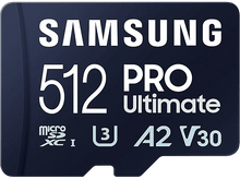 Charger l&#39;image dans la galerie, Carte microSD Samsung 512 Go Pro Ultimate bleu foncé. Texte blanc sur la carte.
