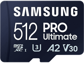 Carte microSD Samsung 512 Go Pro Ultimate bleu foncé. Texte blanc sur la carte.