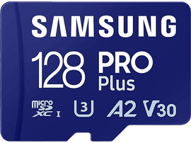 Carte MicroSD Samsung 128 Go Pro Plus bleue. Inclut du texte sur la vitesse et les évaluations. Fond noir.