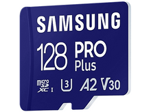 Charger l&#39;image dans la galerie, Une carte microSD bleue Samsung 128 PRO Plus avec du texte et des symboles sur fond blanc.

