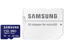 Charger l&#39;image dans la galerie, Une carte microSD Samsung 128 Go et un adaptateur SD sur fond blanc.
