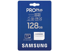 Charger l&#39;image dans la galerie, Une carte MicroSD Samsung Pro Plus 128 Go avec un adaptateur, dans un emballage bleu. Le texte inclut les vitesses de lecture/écriture.
