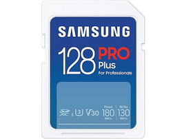 Carte microSD Samsung 128Go Pro Plus. Design bleu et blanc. Texte : For Professionals. Vitesses de lecture/écriture.