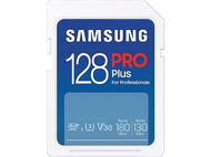 Carte microSD Samsung 128Go Pro Plus. Design bleu et blanc. Texte : For Professionals. Vitesses de lecture/écriture.
