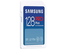 Charger l&#39;image dans la galerie, Carte SD blanche Samsung 128 PRO Plus avec détails bleus.
