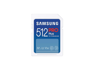 Une carte SD Samsung 512 Pro Plus, étiquette bleue avec texte blanc, sur fond noir.