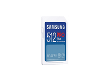 Charger l&#39;image dans la galerie, Carte SD blanche Samsung 512 Pro Plus. Étiquette bleue et blanche. Affiche les vitesses de lecture/écriture.
