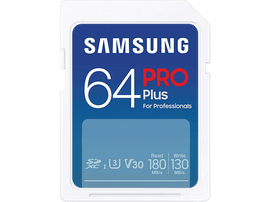 Carte SD Samsung 64 Pro Plus bleue et blanche, avec des vitesses de lecture et d