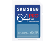 Carte SD Samsung 64 Pro Plus bleue et blanche, avec des vitesses de lecture et d'écriture.