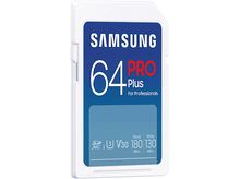 Charger l&#39;image dans la galerie, Carte SD Samsung 64 Go Pro Plus. Couleurs bleu et blanc. Texte : Pour professionnels, lire 180 Mo/s, écrire 130 Mo/s.
