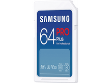 Charger l&#39;image dans la galerie, Carte SD Samsung 64 PRO Plus blanche et bleue, avec vitesses de lecture/écriture affichées.
