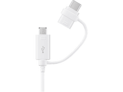 Un câble de chargement USB vers USB-C blanc, avec les deux extrémités visibles et connectées.