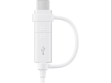 Câble USB-C blanc avec une boucle. Le connecteur est en haut.