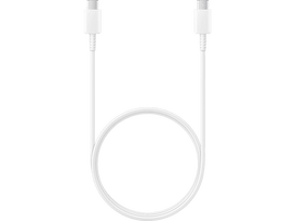 Câble USB-C blanc. Deux connecteurs à chaque extrémité. Câble en boucle au milieu, sur fond noir.
