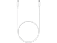 Câble USB-C blanc. Il a des connecteurs aux deux extrémités et une forme arrondie.