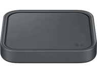 Un chargeur sans fil noir rectangulaire avec des bords incurvés.