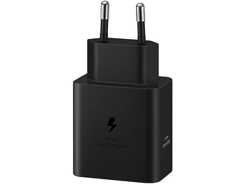 Chargeur Samsung noir avec logo Super Fast Charging et prise à deux broches.