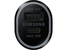 Charger l'image dans la galerie, Chargeur de voiture Samsung noir avec ports USB et USB-C. Affiche 'MAX 15W' et 'MAX 25W' et le logo Samsung.
