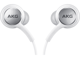 Écouteurs AKG blancs. Les écouteurs sont blancs avec le logo AKG argenté.