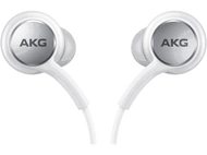 Écouteurs AKG blancs. Les écouteurs sont blancs avec le logo AKG argenté.