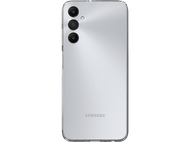 Vue arrière d'un smartphone argenté. Trois caméras et un flash visibles. Logo Samsung en bas.