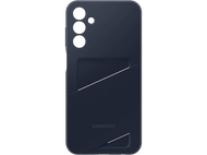 Coque de téléphone bleu foncé avec fente pour carte. L'arrière du téléphone est visible.