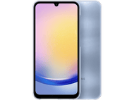 Deux téléphones, un avec écran allumé, l'autre dos bleu. Fond noir.