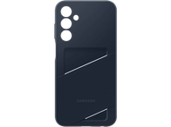 Coque de téléphone bleu foncé avec fente pour carte et logo Samsung.