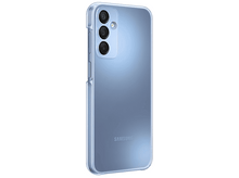 Charger l'image dans la galerie, Smartphone bleu dans un étui transparent, configuration triple caméra, fond blanc.
