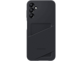 Coque de téléphone noire avec porte-cartes. Fond noir. Logo Samsung en bas.