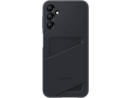 Coque de téléphone noire avec porte-cartes. Fond noir. Logo Samsung en bas.