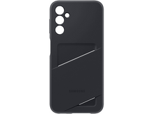 Charger l&#39;image dans la galerie, Une coque de téléphone noire avec fente pour carte et le logo Samsung. 3 trous pour caméra.
