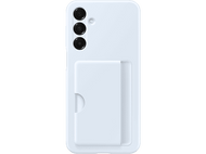 Dos de téléphone bleu clair avec trois lentilles de caméra et un emplacement pour carte. Fond noir.