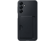 Coque de téléphone noire avec un porte-cartes au dos. Logo Samsung visible. Sur fond noir.