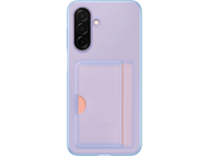Une coque de téléphone violette avec un porte-cartes transparent et bord bleu clair.