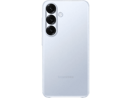 Téléphone bleu clair, vue arrière. Trois caméras alignées verticalement. Logo Samsung en bas.