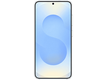 Un téléphone affichant un motif circulaire bleu clair sur un fond dégradé. Le téléphone est blanc.