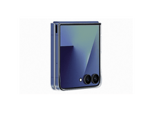 Charger l&#39;image dans la galerie, Un smartphone bleu pliable dans un étui transparent. L&#39;écran est allumé, affichant un dégradé de couleurs. Deux caméras sont visibles.
