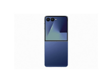 Charger l&#39;image dans la galerie, Un smartphone bleu pliable, partiellement ouvert. La partie supérieure a des caméras. La partie inférieure est dépliée. Fond blanc.
