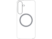 Un contour blanc d'une coque de téléphone avec un cercle et une bosse de caméra sur fond noir.