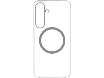 Un contour blanc d'une coque de téléphone avec un cercle et une bosse de caméra sur fond noir.