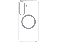 Un contour blanc d'une coque de téléphone avec un cercle et une bosse de caméra sur fond noir.