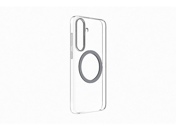 Une coque de téléphone transparente avec une fixation circulaire grise.